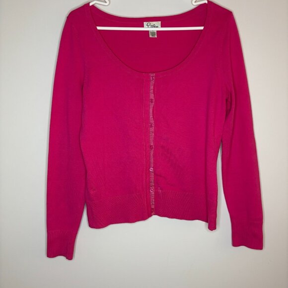 LILY PULITZER Scoop Neck Cardigan Womens S Pink Ribbon Detail Knit - Picture 1 of 6